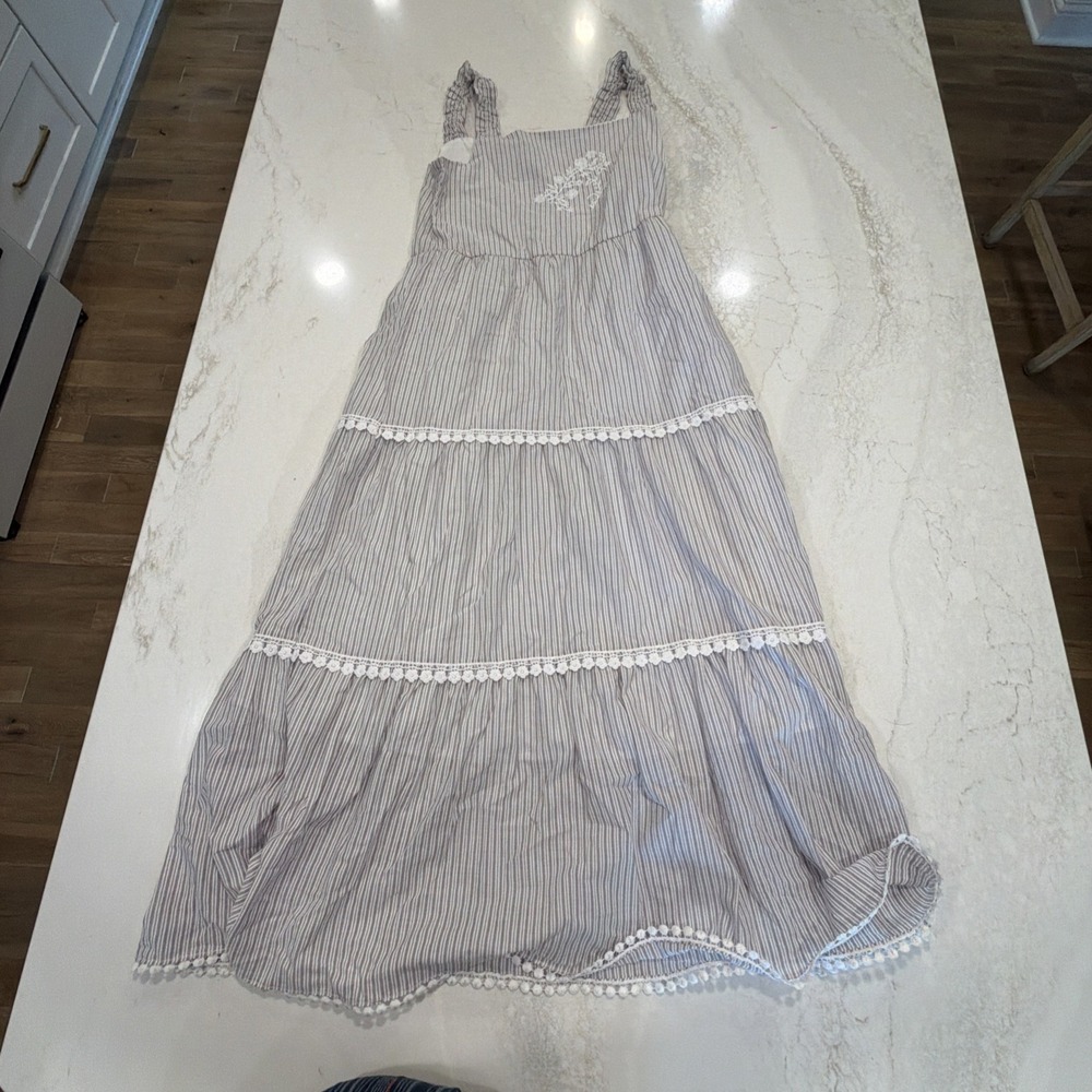 Haute Hippie Blue White Striped Embroidered Tiered Maxi Dress Sz 12 Boho Cottage